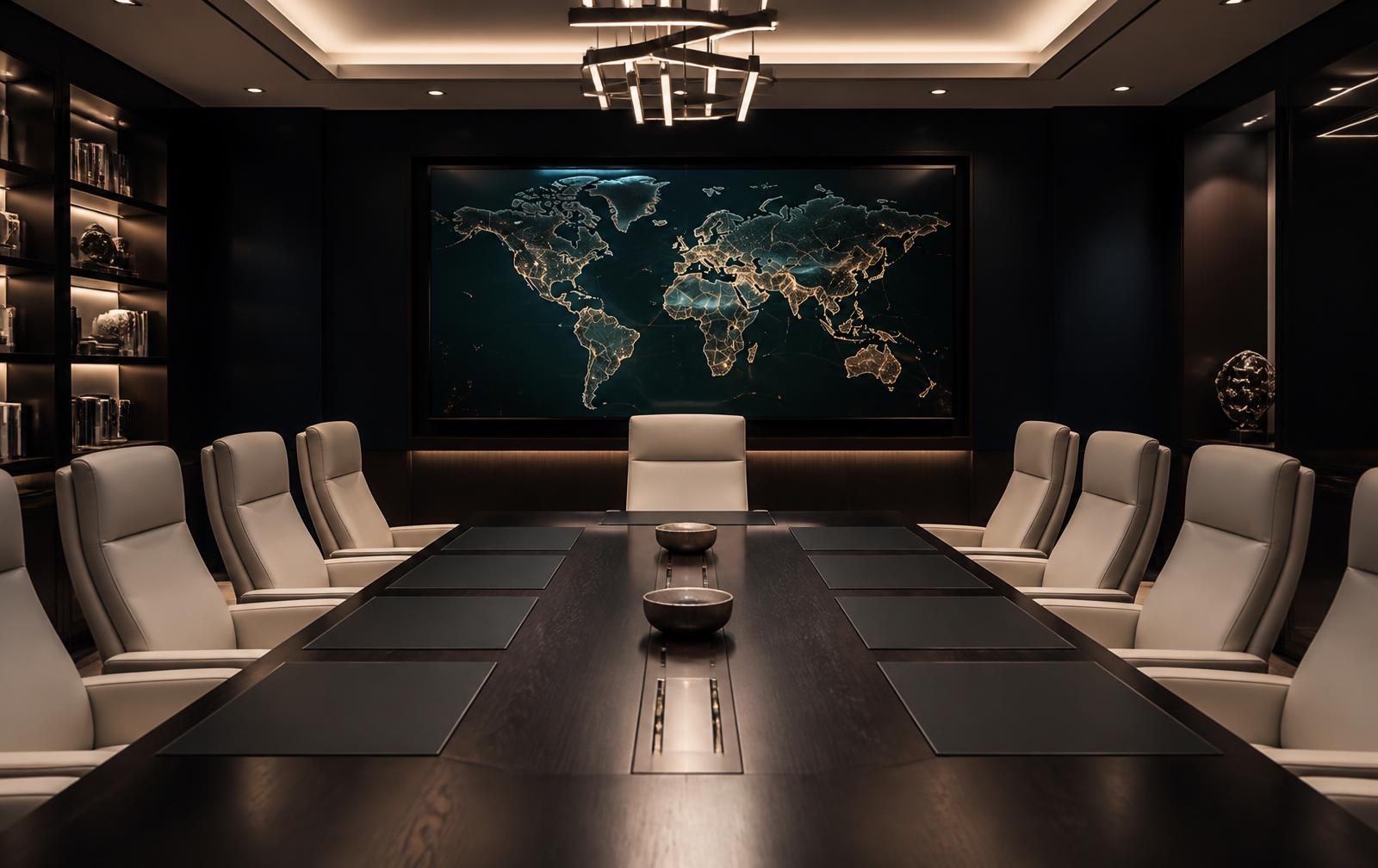 Executive briefing room with a global situational display