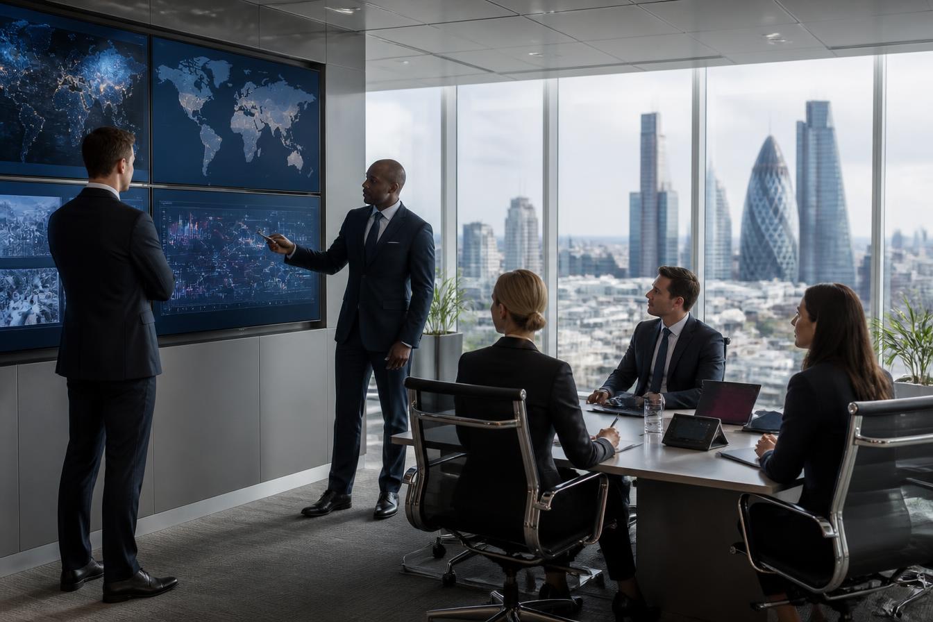 ASS security consultants reviewing risk data in a London office